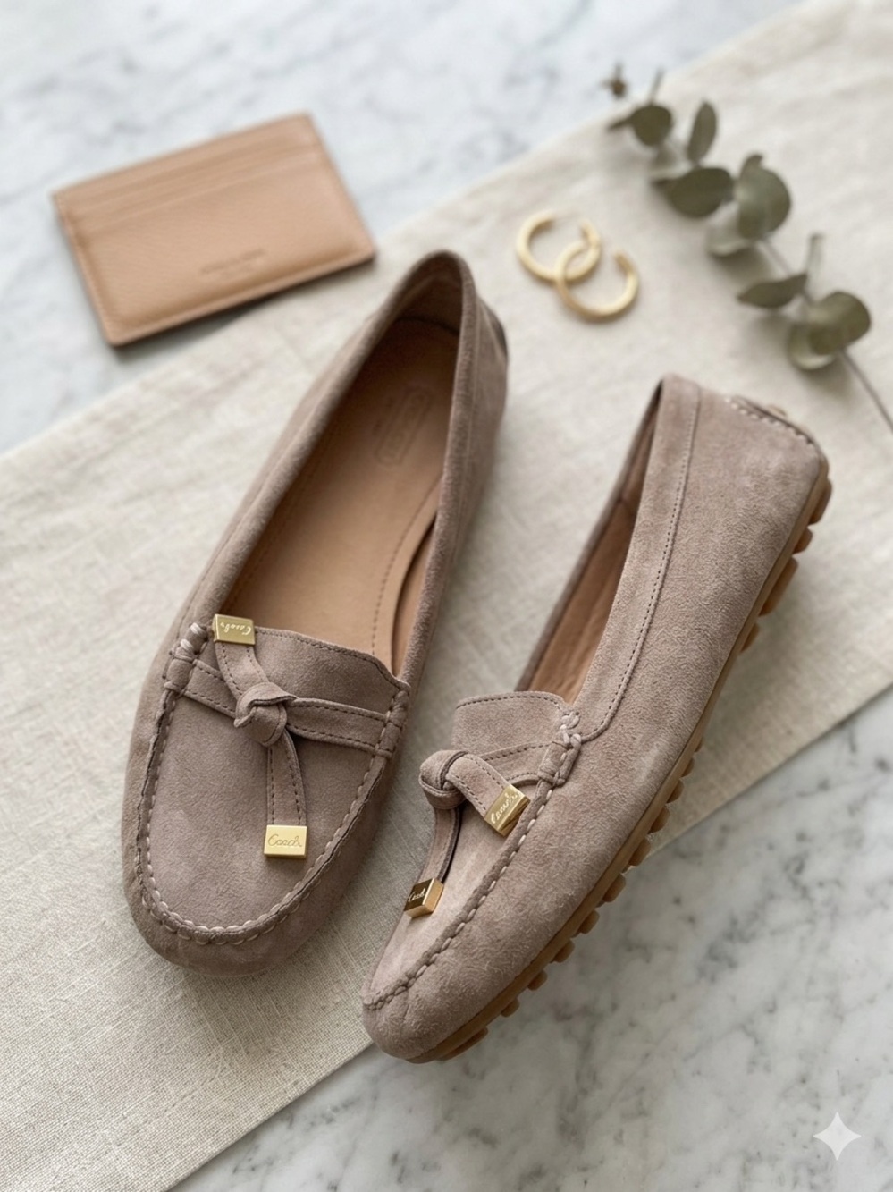 Coach Taupe Suede Tassel Loafers with Gold Accents Knot Driver